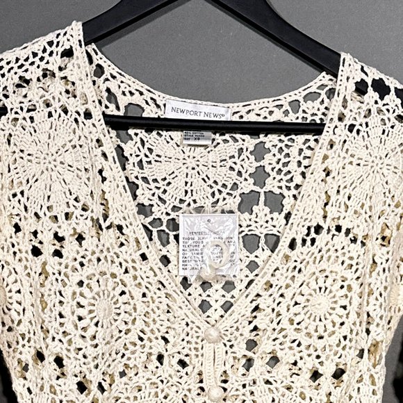 Newport News Sweater Top Crochet Cream/Antique White V Neck Size XS - Picture 2 of 8